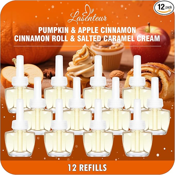 Plug-In Air Freshener Refills 12 Pack – Pumpkin Apple Cinnamon Cinnamon Roll &amp Salted Caramel Cream Scents – Adjustable Home &amp Bathroom – Compatible with Air Wick &amp Glade Not Include Gl