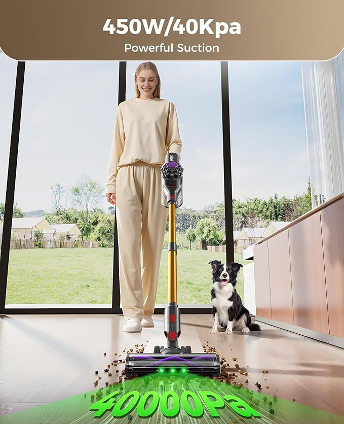 Cordless Vacuum Cleaner 450W 40KPA Vacuum Cleaners for Home 45 Mins Lightweight Stick Vacuum Cordless with LED Display Rechargeable Battery Vacuum for CarpetPet HairHardwood Floor