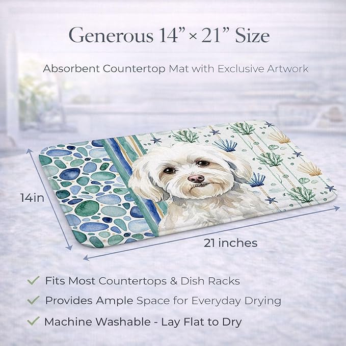 Caroline's Treasures White Havanese Coastal Sea Glass Dish Drying Mat Absorbent Dish Drying Mat Pad for Kitchen Counter Dish Drainer Mat for Countertop 14 x 21 Multicolor