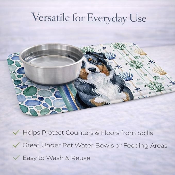 Caroline's Treasures Black Australian Shepherd Coastal Sea Glass Dish Drying Mat Absorbent Dish Drying Mat Pad for Kitchen Counter Dish Drainer Mat for Countertop 14 x 21 Multicolor