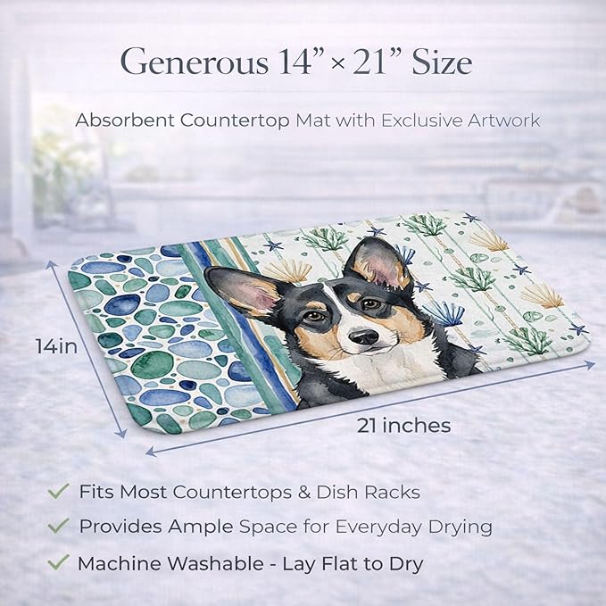 Caroline's Treasures Black and White Cardigan Welsh Corgi Coastal Sea Glass Dish Drying Mat Absorbent Dish Drying Mat Pad for Kitchen Counter Dish Drainer Mat for Countertop 14 x 21 Multicolor