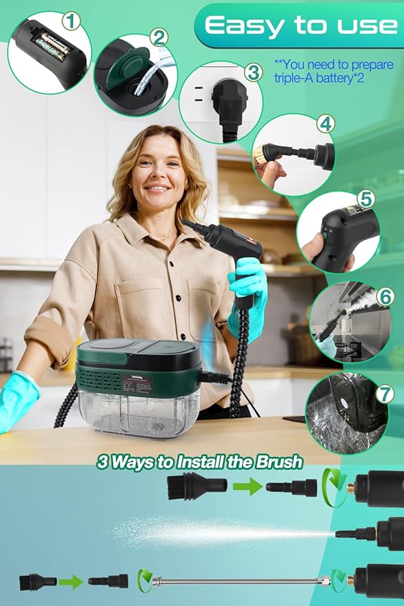 Handheld Steam Cleaner with Handle Control 1.6L Large Water Tank 3-Level Adjustable Thickened Hose Portable Steam Cleaner High Temperature Pressurized Steamer for Home Kitchen Car (Dark Green)