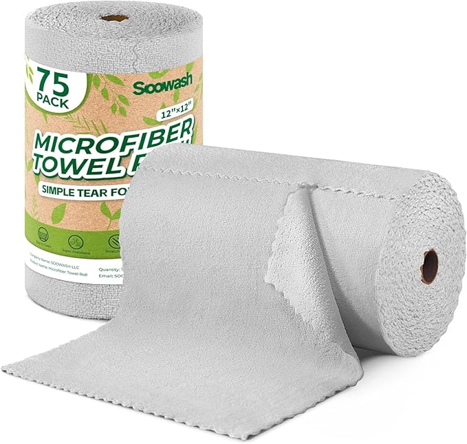 Microfiber Cleaning Cloths Roll 75 Pack Tear Away Microfiber Towels Roll 12 x 12 Lint Free Rags Reusable Cleaning Cloths Washable Scratch FreeUltra Absorbent Dish Rags(Grey)