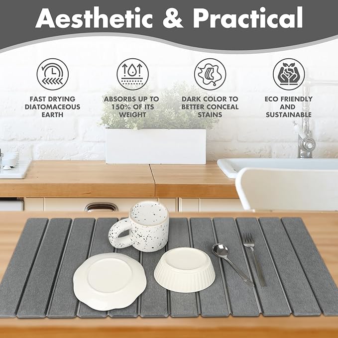 Extra Large Stone Dish Drying Mat for Kitchen Counter 28×16 Eco-friendlyInstant Drying PadDiatomaceous Earth Water Absorbing Mat Foldable and Super Absorbent Dish Drying Stone Mat Dark Gray