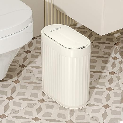 MRBIN Small Trash Can for Bathroom Automatic Touch Less Garbage Bin with Lid 2 Gallon Plastic Slim Waste Basket for Office and Kitchen Electric Motion Sensor Bedroom Bin Cream White