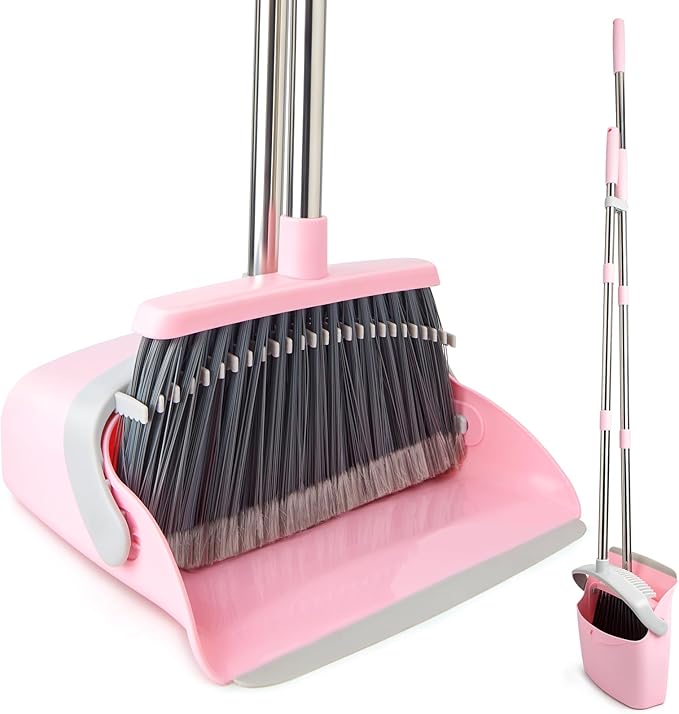 Broom and Dustpan Combo Set Long Handle and Standing Dust Pan with Comb Teeth Efficient Floor Cleaning for Kitchen Outdoor Dorm Apartment Office Lobby (Pink Gray)