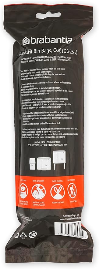 Brabantia PerfectFit Trash Bags (Size J / 6 Gallon) High Quality Thick Plastic Trash Can Liners with Tie Tape Drawstring Handles (20 Bags)