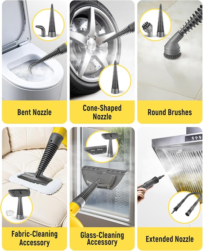 Handheld Steam Cleaner with Safety Lock 500mL Large Tank &amp 19PCS Accessories - Multi-Surface Deep Cleaning for Kitchen Bathroom Car Sofa - Removes Stubborn Grime Sanitizes Surfaces (Yellow)