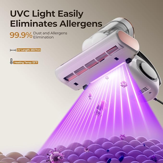 JIGOO Bed Vacuum Cleaner with Dust Sensor Mattress Vacuum Cleaner with UV &amp Ultrasonic and High Heating 13Kpa Suction 500W Powerful Double-Cup Handheld Vacuums (J300 Corded)