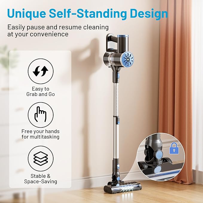 Cordless Vacuum Cleaner with Self-Standing LED Screen Stick Vacuum Cleaners for Home Lightweight Powerful Suction Vacuum 6-in-1 Rechargeable Vacuum for Carpets Pet Hair Hardwood Floors