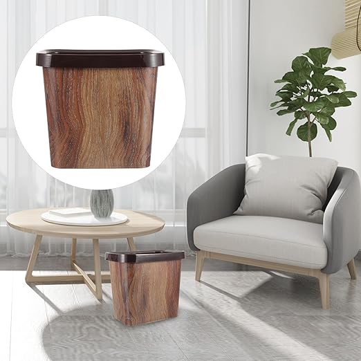 Wood Grain Trash Can 10L Plastic Wastebasket with Removable Press Ring for Kitchen Bathroom Office Home Use