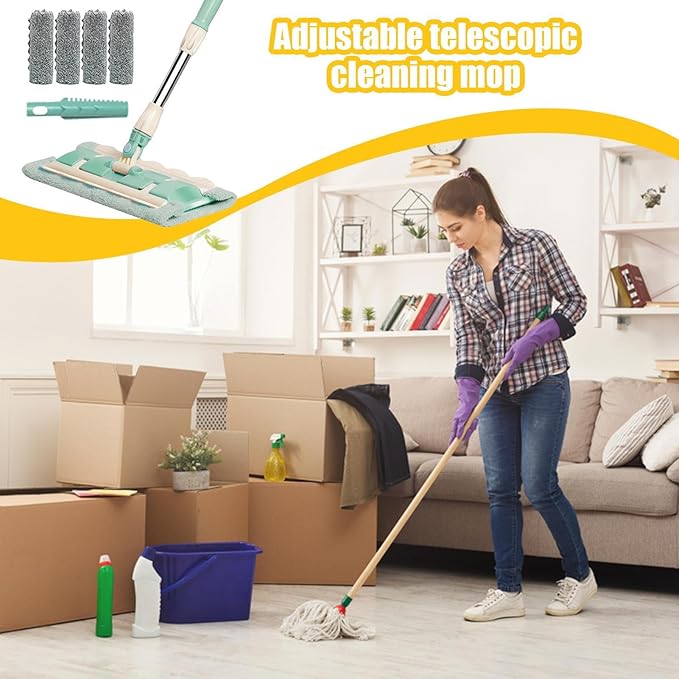 Floor Mop – Reusable Mop with 4 Washable Pads &amp Dust Scraper | 360° Rotatable Telescopic Cleaning Tool for Tile Wood Kitchen &amp Bathroom Floor