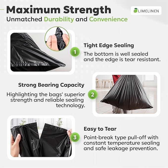 LIMELINEN 30 Gallon Garbage Trash Bags 100 Count 1.2 mil Extra Thick Trash Bags with Drawstring Closure Leak and Odor-Resistant Large Plastic Bags For Office Home Hospital Big Waste Binst