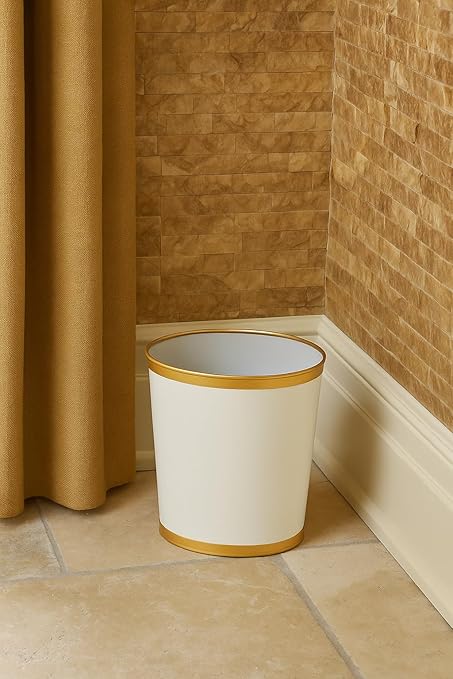 Jaye's Studio Mattie Decorative White and Gold Bathroom Trash Can Metal Waste Basket Modern Luxury Trash Bin for Bedroom Dorm Room Office Garbage Can Oval Decorative Trash Bins (12 x 10 x 8)