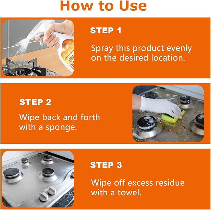 2PCS Heavy-Duty Oil Cleaner StainsClean Up Kitchen Oil Stains SprayMulti-purpose Clean Up Kitchens Heavy Oil Dutywith 5 Sponge Scourers