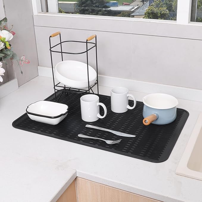 MicoYang Silicone Dish Drying Mat for Multiple UsageEasy cleanEco-friendlyHeat-resistant Silicone Mat for Kitchen Counter or SinkRefrigerator or Drawer Liner Black 3XL 28 inches x 18 inches