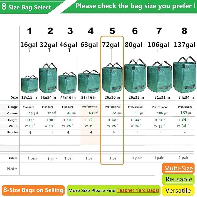 Professional 2-Pack 72 Gallon Big Lawn Garden Bags (D26H30 inch) Yard Waste Bags with Gardening Gloves for Leaf BagYard DebrisGarden PruningLawn Trash ContainerGrass ClippingsWeeds Bag 4 Handles