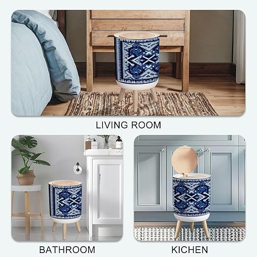 Small Trash Can with Lid Navy Blue Indigo Geometric ethnic oriental seamless thai traditional 1.8 Gallon/7L Garbage Can Waste Bin with Press Top Lid Legs Waste Basket for Bathroom Kitchen Bedroom