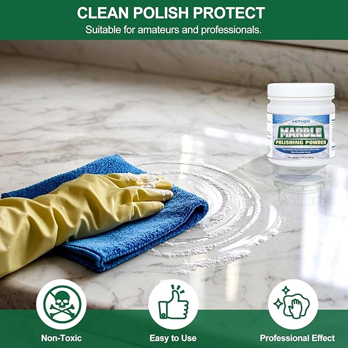 AETHER Marble Polishing Powder Restore Shine Remove Water Stains Scratches Rings Etches Professional Stone Polishing &amp Cleaning Powder for Marble Stone Granite Quartz Tile Floor Countertop Surfa
