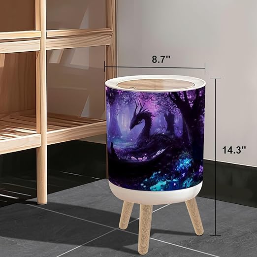 Small Trash Can with Lid beautiful black dragon night forest peacefully lying clearing 1.8 Gallon/7L Garbage Can Waste Bin with Press Top Lid Wood Legs Wastebasket for Bathroom Kitchen Bedroom