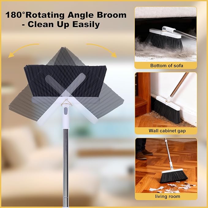 Heavy Duty Broom and Standing Dustpan Combo Set Rotatable Head Dust Pan and Brush Set with Collapsible Handle Cleaning Teeth Hanging Loop Ideal for Pets RV Kitchen Camping Outdoor Floor White