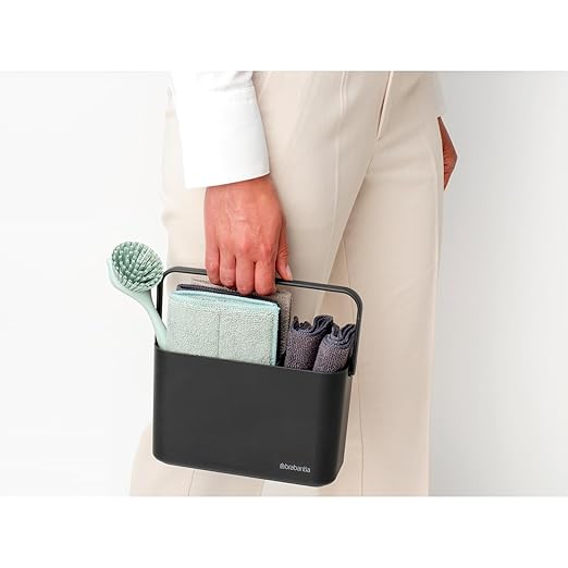 Brabantia SinkSide Cleaning Set of 8 - Dark Gray | Cleaning Caddy with Handle Microfiber Pads Cloths Dish Brush Squeegee | Complete Sink Tidy Solution | Kitchen Sink Organizer