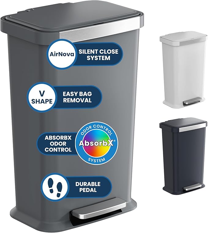 iTouchless SoftStep 13.2 Gal / 50L Step Pedal Kitchen Trash Can with Odor Filter Durable Dent-Proof Construction and Stainless Steel Trim Garbage Bin with Lid for Home Office Bedroom Gray Plastic