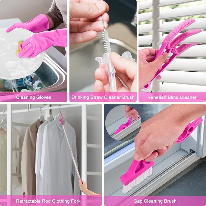 Microfiber Dusters for Cleaning Feather Dusters with Extension Pole Bendable &amp Washable Dusters for High Ceiling Fan Blinds Cars Furniture Cleaning Tools Kit Pink Gift for Women (15 PCS)