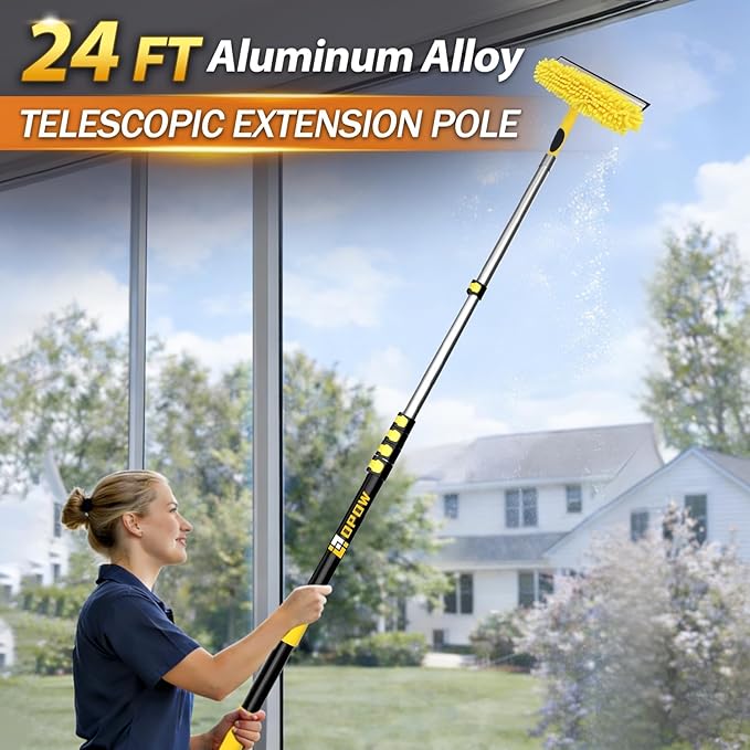 30FT High Reach Window Squeegee with Extension Pole 2 in 1 Window Washing Kit with 6-Stage Telescopic Pole &amp Rotatable Head No-Ladder Window Cleaner for High Window Solar Panel RV &amp Outdoo