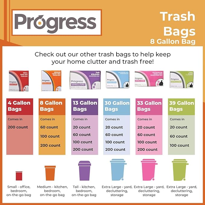 Progress Trash Bags – 8 Gallon Twist Tie Portable Garbage Bags Can Liners for Kitchen Bedroom Bathroom Office Car | Waste Disposal Supplies (200 Count)