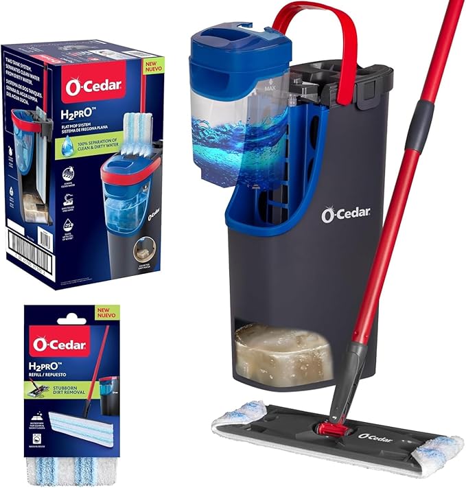 O-Cedar H2prO Flat Mop System with 1 Mop Head Refill | Quick Cleaning Tool | Clean with Clean Water | Machine Washable Reusable Microfiber Mop Pad | Safe on Wood Floors Vinyl Tile Baseboards Walls