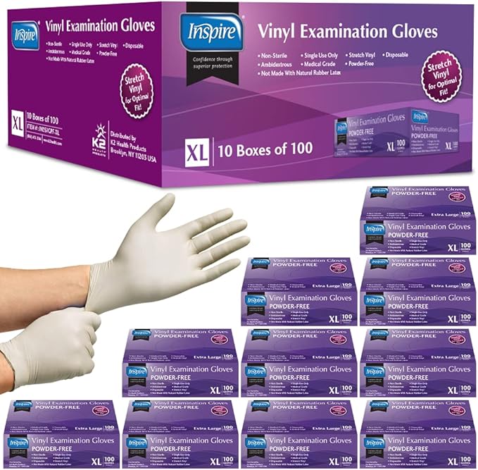 Inspire Stretch Vinyl Exam Gloves | THE ORIGINAL Quality Disposable Latex Free Medical Glove Cleaning Cooking Food Service Labs Healthcare and Household Extra Large 1000 Count