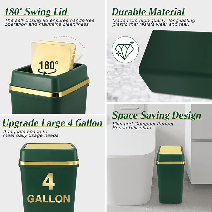 Bathroom Trash Can with Lid 4 Gallon Small Trash Can with Swing Lid Black/Navy Blue/Dark Green Bathroom Garbage Can with 225 Counts Trash Bags for Kitchen Bedroom Office