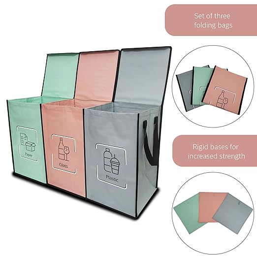 NYIKA - Recycling Organizer - Reusable Recycling Bags - Recycling Sorter - Trash Sorting Bins - 3 Compartment Recycle - Pack of 3 Bags with Lid