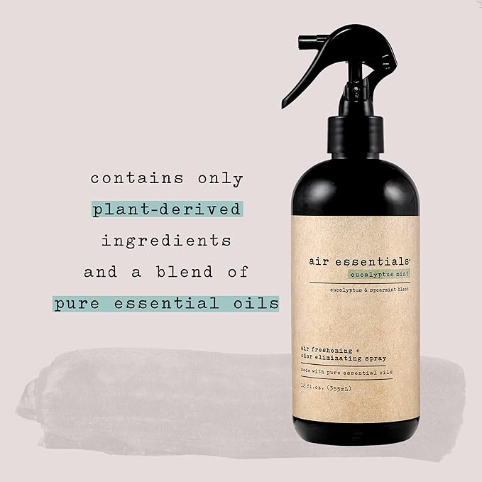 Air Essentials 12 oz Air Freshener &amp Odor Eliminator Spray - Neutralize Odors from Smoke Pets Food &amp Garbage in Homes Offices &amp Cars - Made with Clean Essential Oils (Eucalyptus Mint 2
