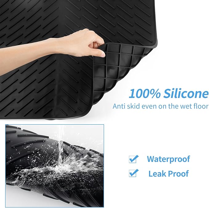 Silicone Dish Drying Mat with Built-in Drain Lip Dish Drying Mats for Kitchen Counter Hygienic Ultra Absorbent Dish Drying Pad Sturdy Compact Easy to Clean Tray Prevents Water Build Up (Black)