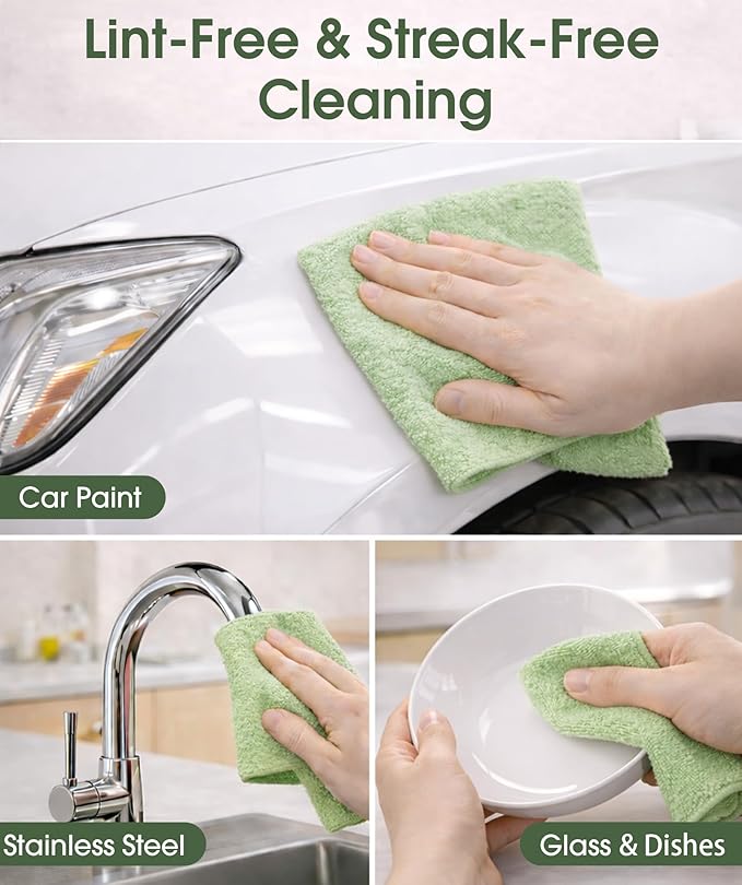 Microfiber Cleaning Cloth Roll - 100 Pack Tear Away Microfiber Paper Towels Reusable Washable Scratch-Free Kitchen Towels for Car Home Kitchen Glass Dishes(Bean Green)