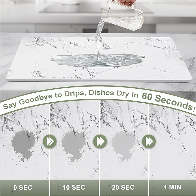 Large Stone Drying Mat for Kitchen Counter 24 × 16 Diatomite Dish Drying Mat Quick Dry Stone Mats Ultra Absorbent Natural Diatomaceous Earth Mats for Dished Bottles White Marble