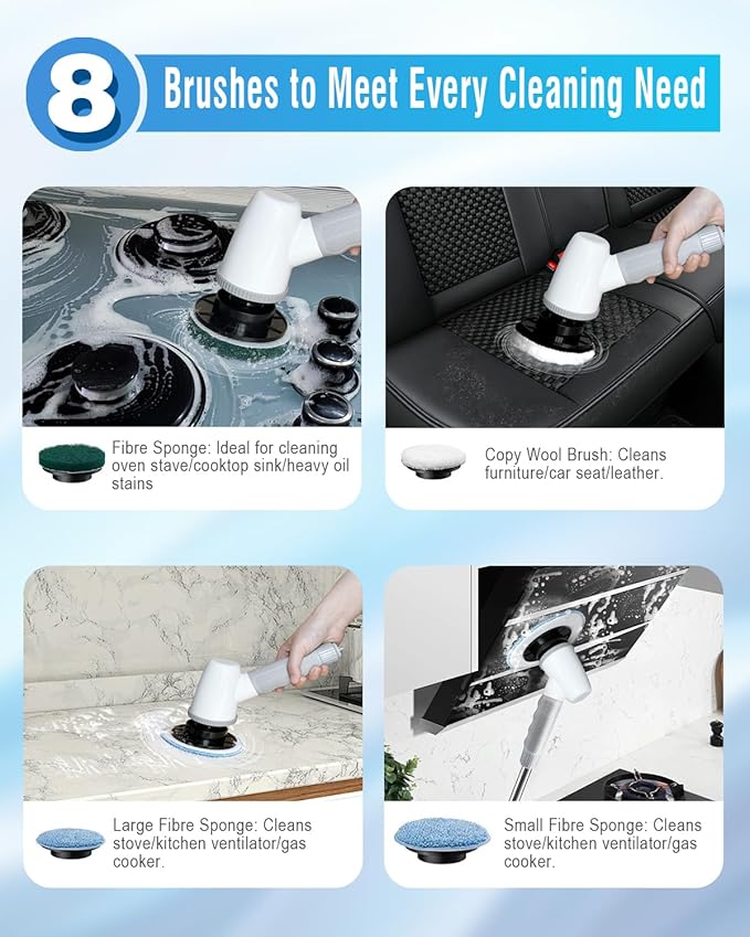Electric Spin Scrubber Bathroom Scrubber - Cordless Shower Scrubber with Adjustable Handle 2 Speeds Bathroom Scrubber with 8 Replaceable Brush Heads Power Scrubber for Bathroom Bathtub Cleaning