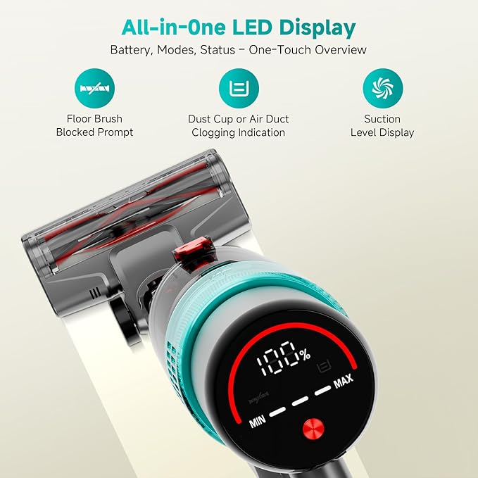 Cordless Vacuum Cleaner: Portable 6-in-1 Stick Vacuum with Anti-Tangle Brush LED Headlight Self-Standing HD Display Rechargeable Vacuum for Pet Hair Low-Pile Carpet and Hardwood Floor-Green