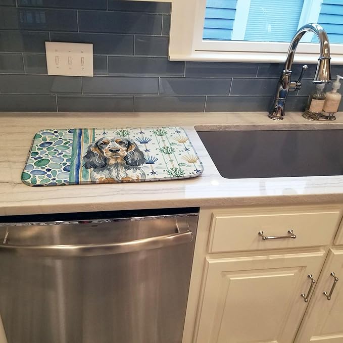 Caroline's Treasures Blue Roan &amp Tan English Cocker Spaniel Coastal Sea Glass Dish Drying Mat Absorbent Dish Drying Mat Pad for Kitchen Counter Dish Drainer Mat for Countertop 14 x 21 Multicolo