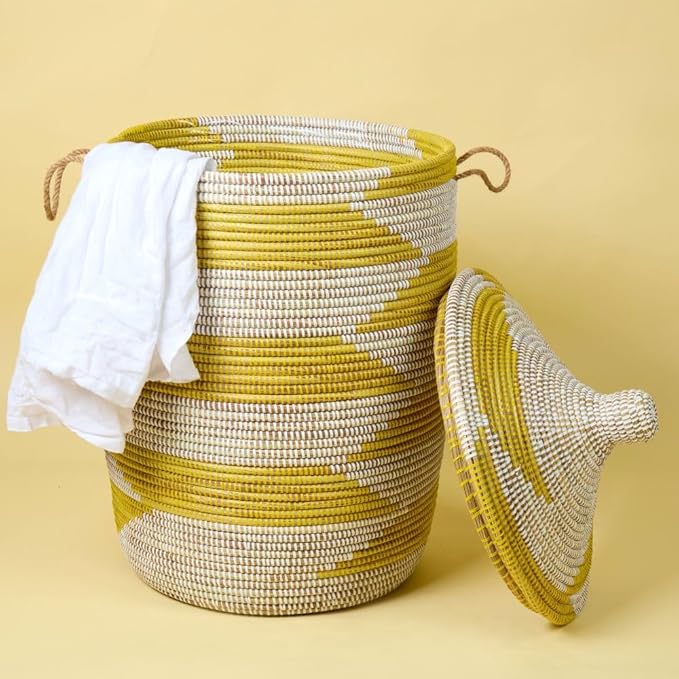 Large Wicker Basket Yellow and White 18 Inch Wide 23 Inch Tall