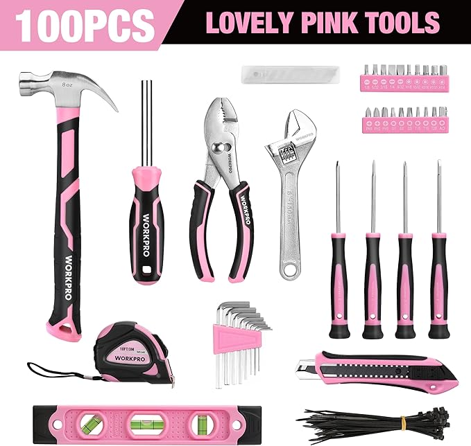 WORKPRO Pink Tool Set - 100 Pieces Pink Tool Kit with Easy Carrying Pouch Household Tool Kit for Home Apartment Office College Perfect for DIY Projects Home Maintenance - Pink Ribbon