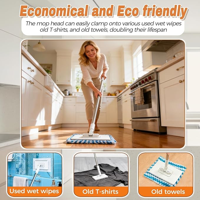 Mini Mop Zero Touch No Wash Lazy Mop with One-Click Cloth Change Compatible with Face Towels Adjustable for Wet/Dry Floors Tile Hardwood Corners (10 Reusable Cloths)