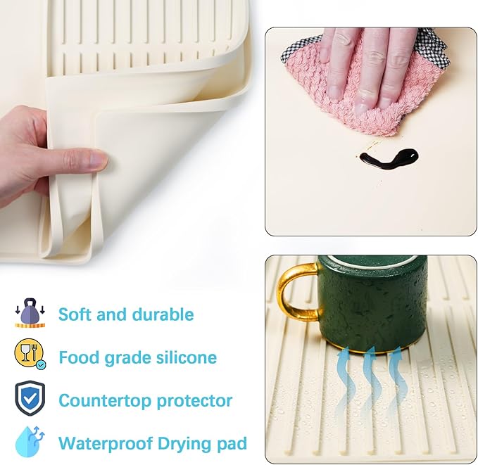 Golener Silicone Coffee Mat Set - 24 x 16 Coffee Bar Mat for Countertop Kitchen Station Pad Accessories Fit Under Cafe Maker Espresso Machine Dish Drying Mat Heat Resistant Kitchen Pad Beige