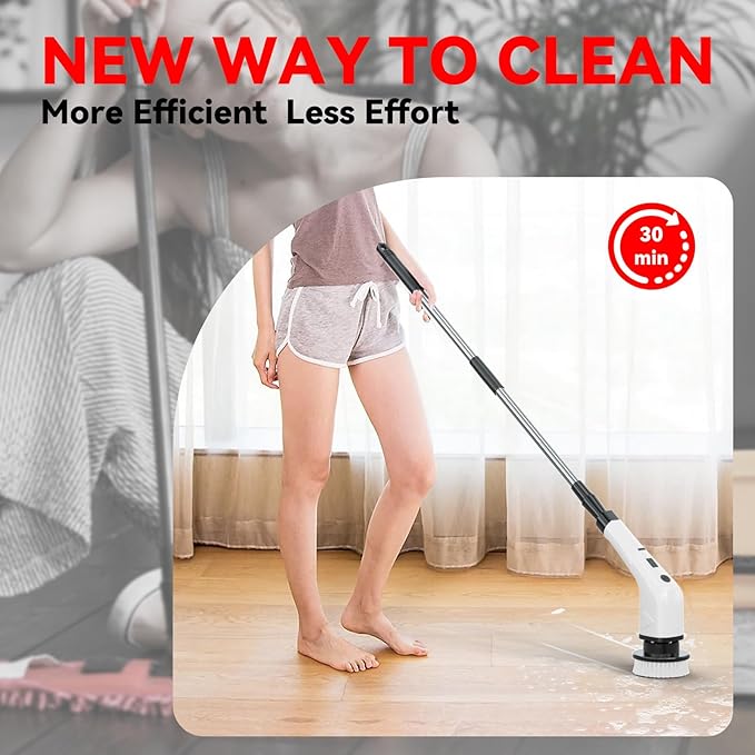 APLUSH Electric Spin ScrubberCordless Shower Cleaning Brush with 7 Replaceable Brush Heads Adjustable 2 Speeds Extension Handle Power Cleaning Brush for Tub Tile Floor CarPink