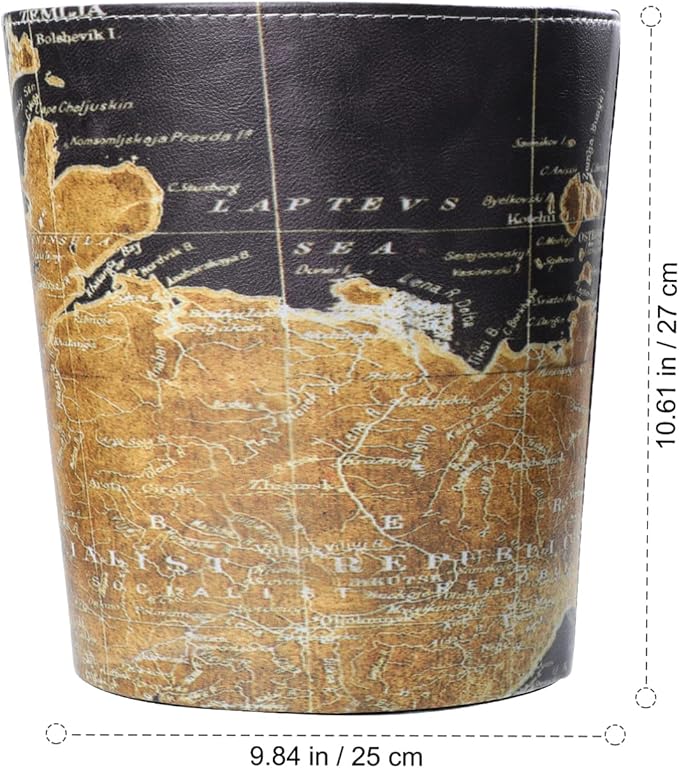 Vintage Leather Trash Can Retro World Map Trash Can Decorative Round Garbage Container Toillet Paper Bin for Bathroom Bedroom Kitchen Office