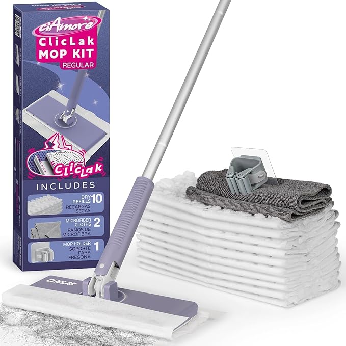 Disposable Sweeper Dust Mop No-Touch Attach &amp Remove Cloth Instantly Compatible with Swiffer Pads Clamp Clip Mop for Kitchen House Dorm Classroom Wood Hardwood Floor Wall Cleaning(50'')