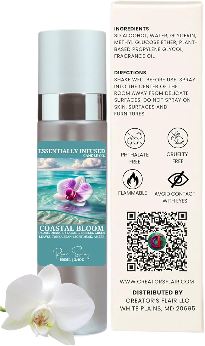 ESSENTIALLY INFUSED Premium Room Sprays (1 x 3.4 fl oz) - Luxurious Home Fragrance | Aromatherapy Long-lasting (Coastal Bloom)