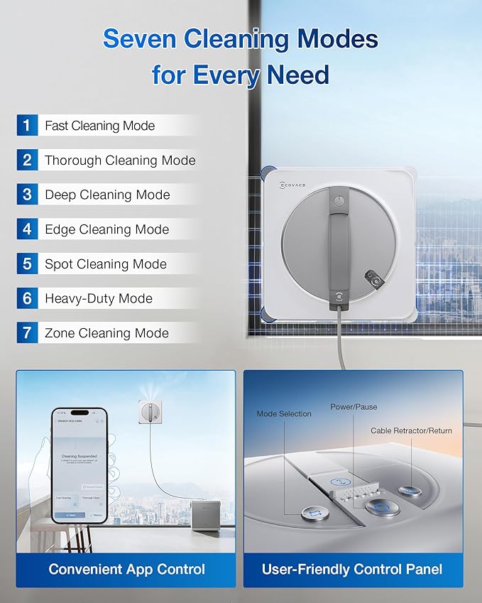 ECOVACS WINBOT W2S Omni Window Cleaning Robot with 6-in-1 Multifunction Station TruEdge Edge-to-Edge Precision Triple Wide-Angle Spray Nozzles 12-Level Safety System Dual Power Modes